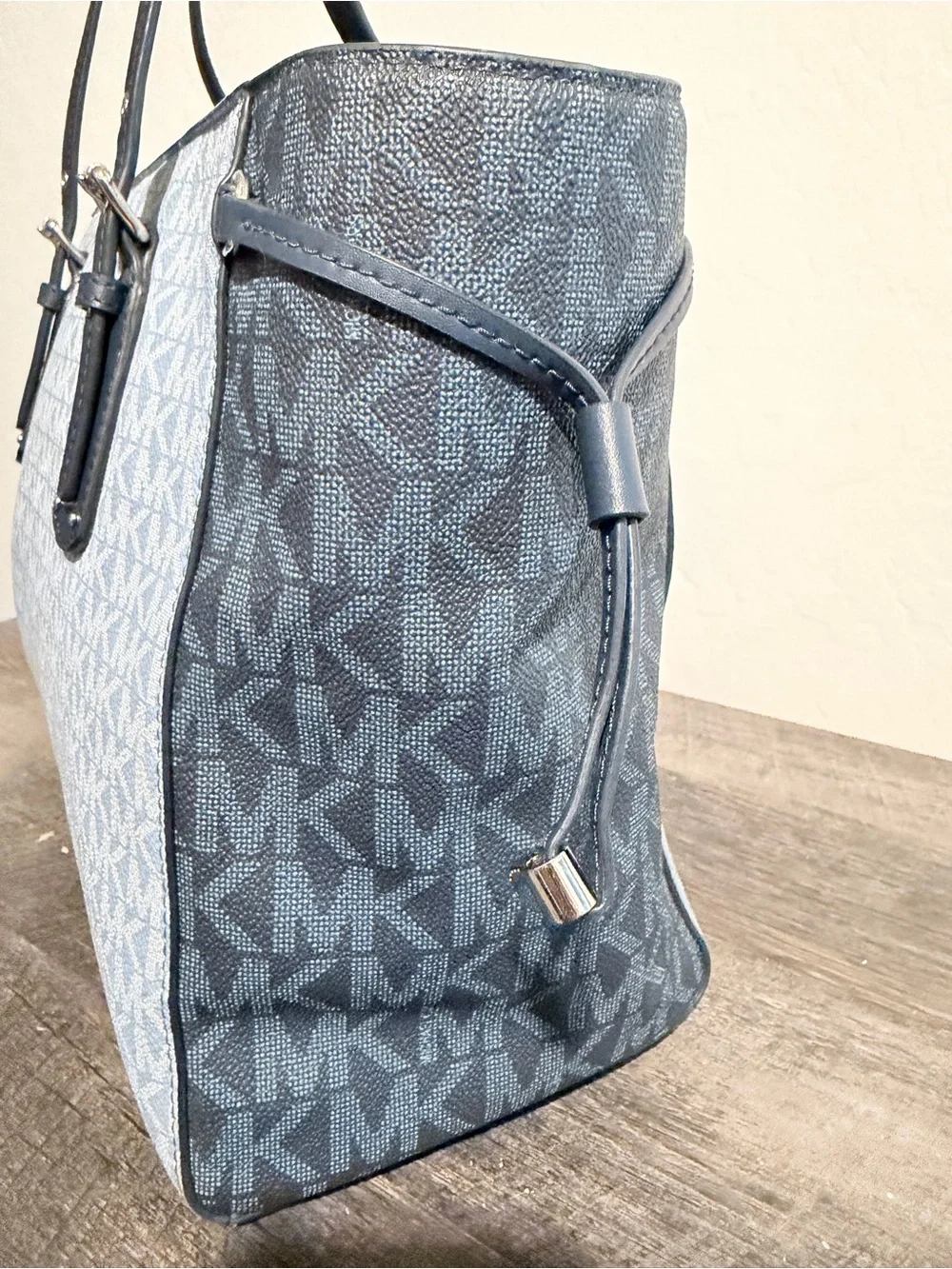 Michael Kors Light Blue MK Logo Tote with Navy Trim